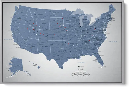 Vista 11 de Blue USA Map Poster with Pins – Cool Tone Personalized United States Travel Map Canvas – Large 24" x 36