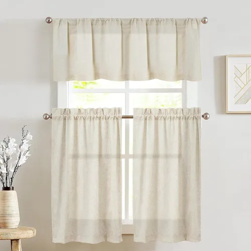Vista 42 de Jinchan - Cortinas de cocina de lino rústico beige con bolsillo para barra, 26 x 36 pulgadas, 2 paneles