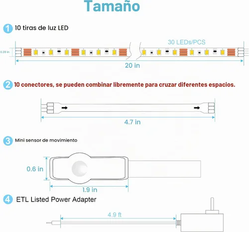 Vista 6 de LAFULIT - Kit de iluminación LED para debajo de armario, 10 tiras de luces LED con sensor de movimiento y control remoto, regulables