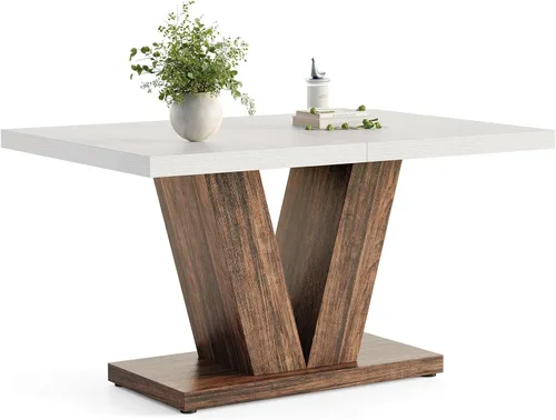 Vista 10 de LITTLE TREE Mesa de comedor de 47 pulgadas para 4, mesas de comedor modernas, mesa de cocina rectangular marrón con pedestal en forma de V, mesa