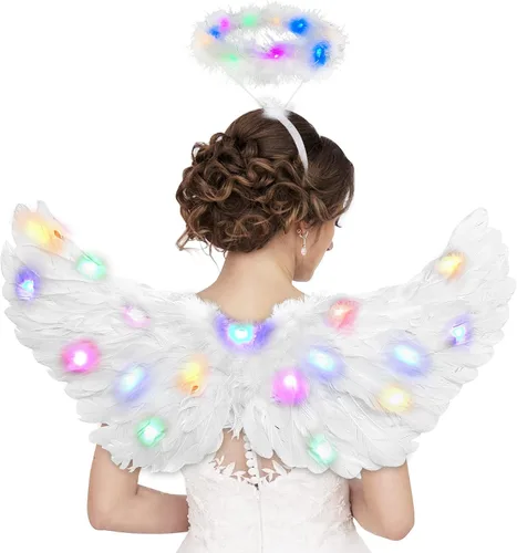 Vista 2 de Alas de ángel, alas de ángel iluminadas y halo con luces LED, disfraz de alas de ángel blancas para adultos, mujeres, niños, Halloween, Navidad