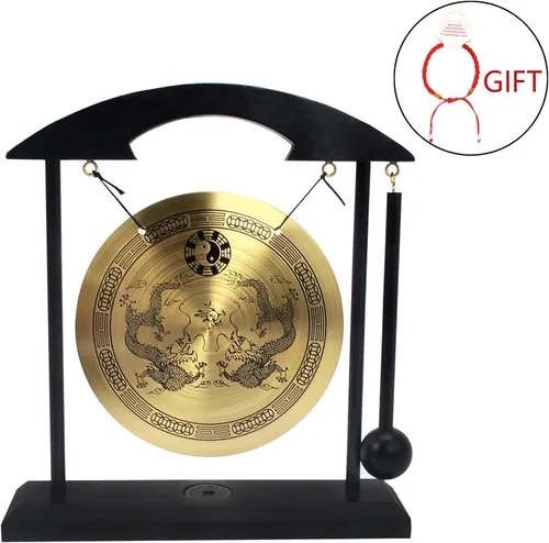 Vista 2 de Gong de escritorio de latón, arte zen, feng shui para la decoración de oficina en casa, práctica de meditación, incluye pulsera de cadena roja