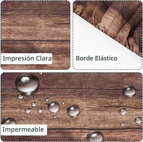 Vista 4 de Mantel redondo de granja ajustable con borde elástico, mantel de madera marrón para exteriores, funda impermeable para mesa, decoración para picnic