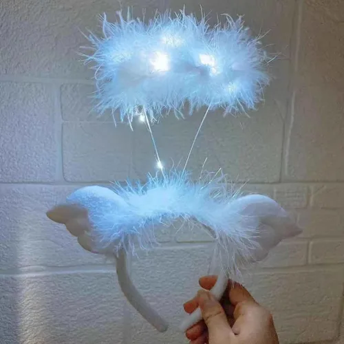 Vista 2 de Diadema brillante de plumas de ángel para adultos, adolescentes, niños, Navidad, Halloween, Año Nuevo, bodas (blanco frío)