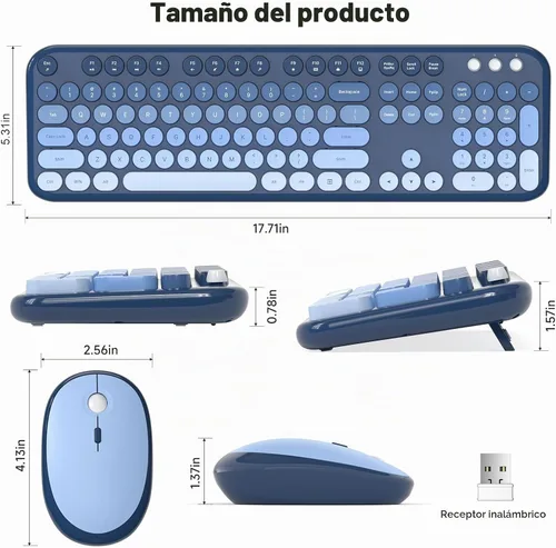 Vista 8 de MOFII Combo de teclado y mouse inalámbricos, lindo teclado de tamaño completo y mouse inalámbrico, juego de teclado retro de 2.4 GHz para Azul