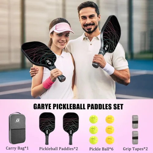 Vista 6 de GARYE Juego de 2 palas de pickleball aprobadas por USAPA, juego de pickleball de fibra de carbono, raquetas ligeras de pickleball, paquete de 2