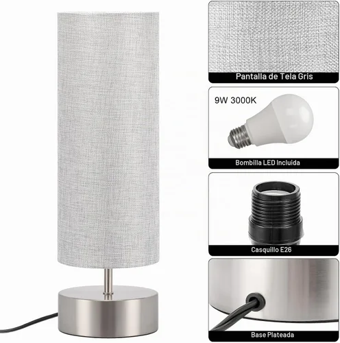 Vista 6 de Lámpara táctil de noche, lámpara de mesa de control táctil de 3 vías Sombra gris con base plateada