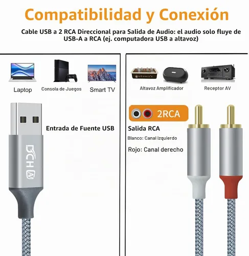 Vista 3 de DCHAV Cable adaptador de audio USB a RCA de 4 pies tipo A a 2 RCA macho 2RCA y divisor en Y, cable trenzado de nailon, interfaz rojo y blanco