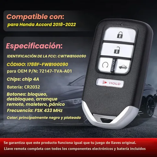 Vista 3 de Llave de entrada sin llave inteligente de proximidad remota de 5 botones 433Mhz Transmitor de control para Honda Accord 2018 2019 2020 2021 2022