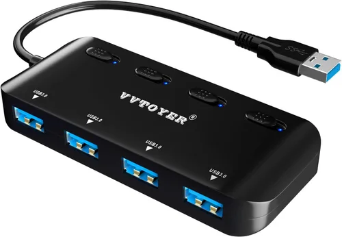 Vista 8 de Hub USB 3.0 de 4 puertos, divisor de concentrador USB portátil VVTOYER para laptop, con interruptor de alimentación individual y adaptador USB-C