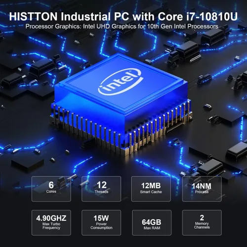 Vista 2 de HISTTON Mini PC sin ventilador Core i7-10810U, 8GB RAM 256GB M.2 SSD, PC industrial con 2 RS232/485 COM, Dual HD+DP 4K Triple Display, 2 LAN, 6 USB