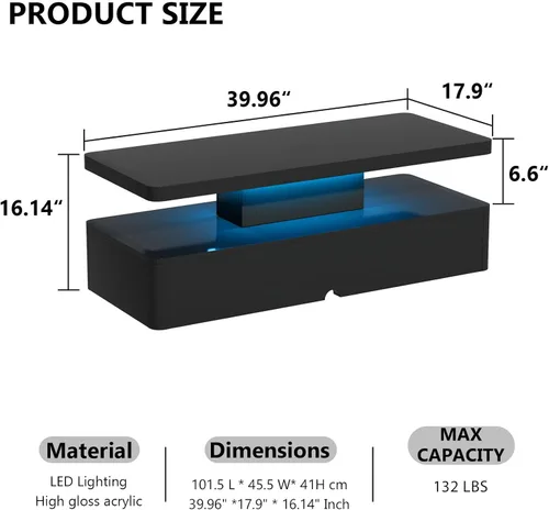 Vista 2 de oneinmil Mesa de centro LED moderna, mesas de sala de estar de 40 pulgadas con luces LED de 16 colores, diseño de doble capa, elegantes mesas