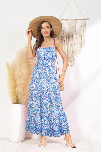 Vista 2 de GRACE KARIN Vestido largo de verano para mujer, sin mangas, floral, tirantes delgados, fruncido, bohemio, para playa, con bolsillos