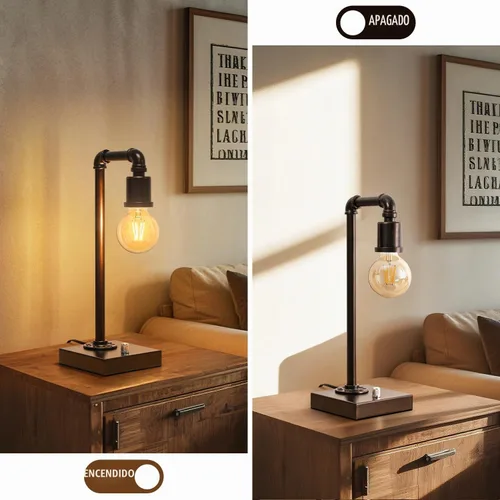 Vista 6 de Lámpara de mesa industrial para dormitorio, lámpara de noche completamente regulable con puertos USB C+A, lámpara vintage con diseño de tubo