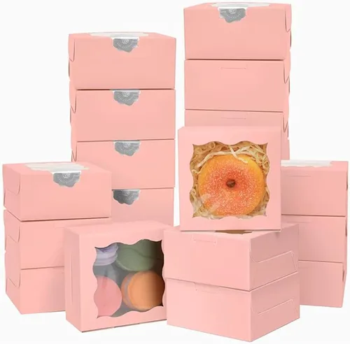 Vista 20 de Bakepacker 60 cajas de papel kraft para panadería con ventana de 6 x 6 x 3 pulgadas de grosor y resistentes cajas de pastelería de macarrones