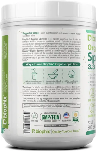 Vista 9 de biophix Polvo de espirulina orgánica, 2.2 libras 100% pura espirulina azul verde algas en polvo, vegano, sin OMG, no irradiado, certificado USDA