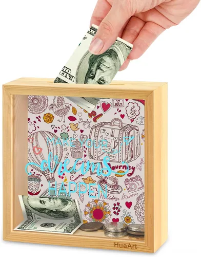Vista 10 de Alcancía para niños, caja de madera más grande y segura para niños, caja de dinero de madera natural, impresa en la parte delantera de plexiglás