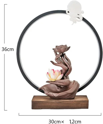 Vista 3 de Quemador de incienso de loto de cerámica, cascada, varillas de incienso chino, soporte para quemador con luz LED, conos de incienso para decoración