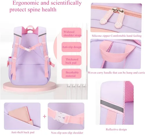Vista 3 de Mochila Kawaii para niñas escolares mochila de conejito para niños, mochila casual linda para exteriores, A-rosa y púrpura, Mochila