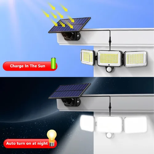 Vista 3 de 224 luces solares LED para exteriores con 3 cabezales, 3 modos de luces solares con sensor de movimiento con cable de 16.4 pies y control remoto