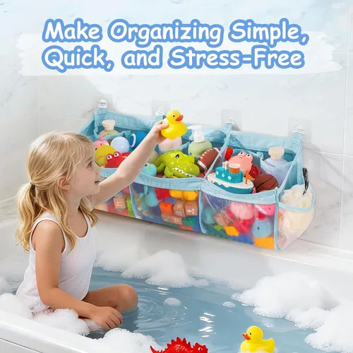 Vista 6 de Extra Large Bath Toy Organizer with 3 Compartments and Multiple Pockets, Quick-Dry Mesh Bathtub Storage for Kids' Toys (Blue)