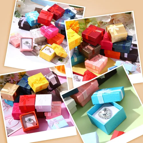 Vista 6 de 160 cajas de regalo para anillos, caja de regalo de cartón, joyería de 1.57 x 1.57 pulgadas, caja cuadrada pequeña a granel con lazo y lazo, caja