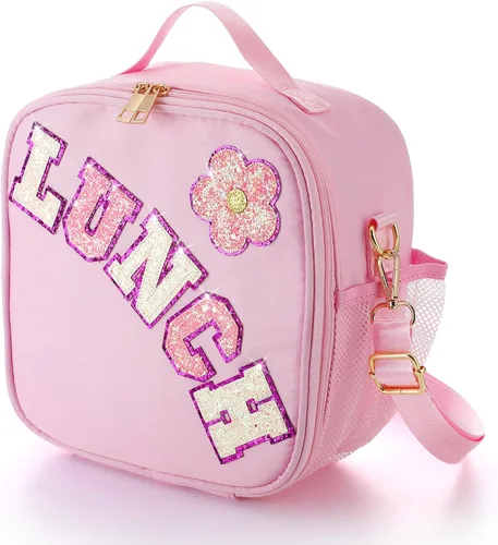 Vista 10 de Bolsa de almuerzo aislada para niños con correa ajustable para niñas, color beige Easy to Clean, Reusable Large Lunch Bag, Holds Lunch Box Snack