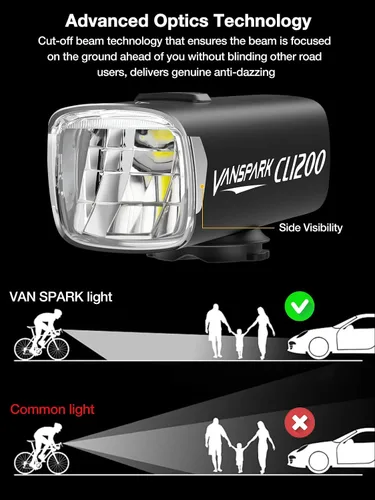 Vista 11 de VANSPARK CL1200 - Luces de bicicleta de 1200 lúmenes, faro de bicicleta con corte de 1200 lúmenes, luces de bicicleta recargables USB-C, cuerpo