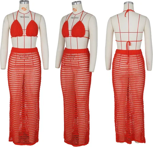 Vista 4 de Bluewolfsea Conjunto sexy de 2 piezas de playa para mujer, conjunto de bikini de malla de ganchillo y falda larga