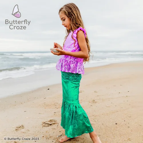 Vista 7 de Butterfly Craze Disfraz de sirena para niña pequeña, parte superiorvestido con falda, perfecto para fiestas de cumpleaños, Halloween, ferias