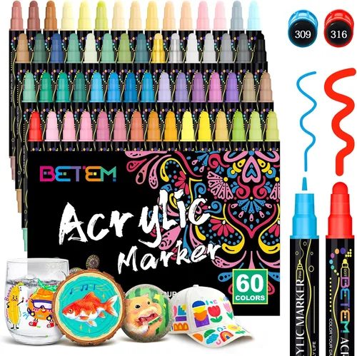 Vista 10 de Betem 6 marcadores de pintura acrílica negra, kits de decoración de tela de doble punta, bolígrafos de pintura acrílica a base de agua de alta