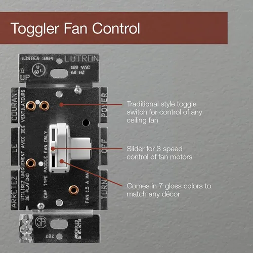 Vista 4 de Lutron Toggler Control de ventilador de 3 velocidades, 1.5 A de un solo polo/3 vías TGFSQ-FH-IV, marfil (paquete de 2)