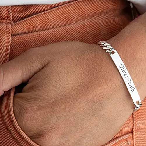 Vista 13 de LeCalla Pulsera personalizada con nombre de identificación personalizada grabada Pulsera de identificación de barra de eslabones para hombre