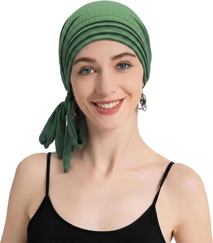 Vista 3 de ZLYC Gorro de quimioterapia para mujer, bufanda suave para la cabeza, gorro elástico Verde sólido