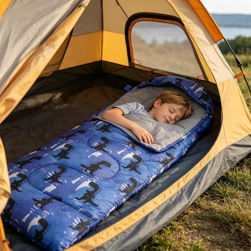 Vista 2 de Sacos de dormir para niños - Sacos de dormir para acampar con bolsa de transporte - Saco de dormir compacto para senderismo, mochilero para 3 Azul