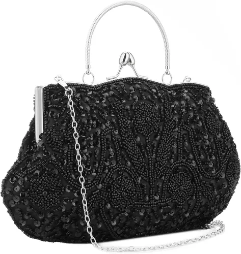 Vista 2 de Vistatroy Bolso de noche de diseñador floral con cuentas con diseño de lentejuelas vintage con cerradura de besos bolso de mano de satén para boda