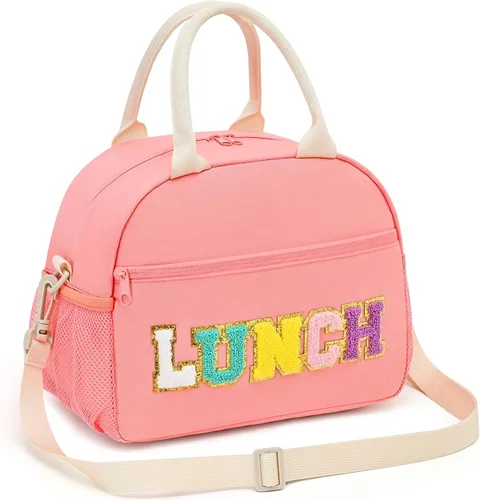 Vista 9 de Lonchera para niñas y mujeres, bonita bolsa de almuerzo preparada con letras de chenilla, bolsa de almuerzo aislada de gran capacidad con correa