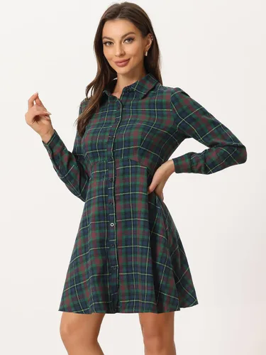 Vista 3 de Allegra K Vestido camisero acampanado de algodón con botones para mujer