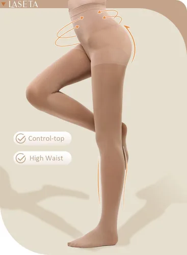 Vista 3 de LASETA Medias para mujer, 120D, con control superior, pantimedias opacas para invierno, 2 pares