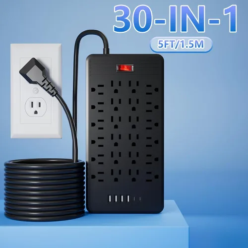 Vista 8 de Regleta protectora de sobretensiones de 24 tomacorrientes – Cable de extensión de enchufe plano de 5 pies con 24 tomas amplias y 4 puertos USB, 2
