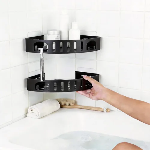 Vista 6 de Estante de ducha adhesivo de esquina sin taladro Organizador de baño de aleación de aluminio a prueba de óxido con soporte para afeitar
