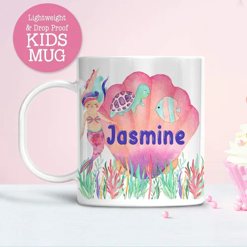 Vista 2 de Taza de sirenas para niños con nombre personalizado, apta para microondas y lavavajillas, taza irrompible para niños, sin BPA