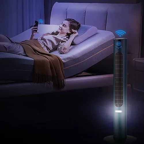 Vista 2 de Ventilador de torre con control remoto, ventilador inteligente para dormitorio con oscilación de 105°, ventilador sin aspas con opciones de 6