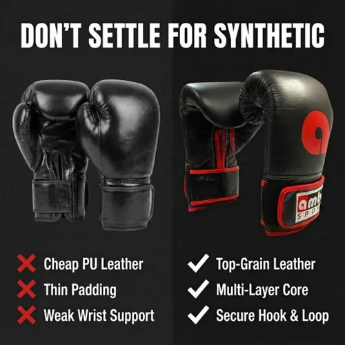 Vista 6 de Amber Fight Gear Professional Leather Boxing Gloves – Hook & Loop Training Gloves for Muay Thai, Kickboxing & Sparring – Multi-Layered Foam