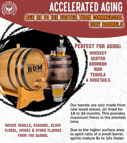 Vista 3 de Dispensador de barril de ron de roble americano de 1 litro con soporte de madera, bung y espita - Cócteles de edad, whisky bourbon, tequila