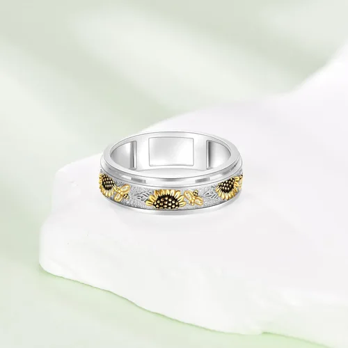 Vista 2 de POPLYKE Anillos giratorios de plata de ley para aliviar el estrés, joyería para regalar Girasol de abeja