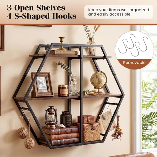 Vista 7 de Tangkula Hexagon Wall Shelf, 3-Tier Geometric Bookcase with 4 S-Shaped Hooks & Heavy Duty Metal Frame, Wall Mounted Industrial Display Storage Rack