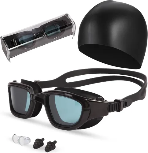 Vista 9 de Gafas de natación, gafas para adultos con gorro de natación, clip de nariz y tapones para los oídos, protección UV, lente antivaho y funda