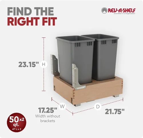Vista 3 de Rev-A-Shelf Botes de basura dobles extraíbles de 50 cuartos de galón para debajo del gabinete con sistema de deslizamiento suave de apertura
