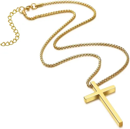 Vista 2 de FULULAY Collar de cruz para hombre, pequeño mediogrande de acero inoxidable con colgante de cruz lisa para niño, cadena Rolo de 16-24 pulgadas